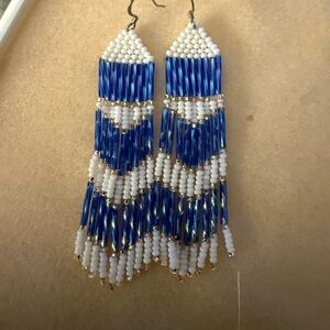 Handmade Blue and White Beaded Fringe Earrings